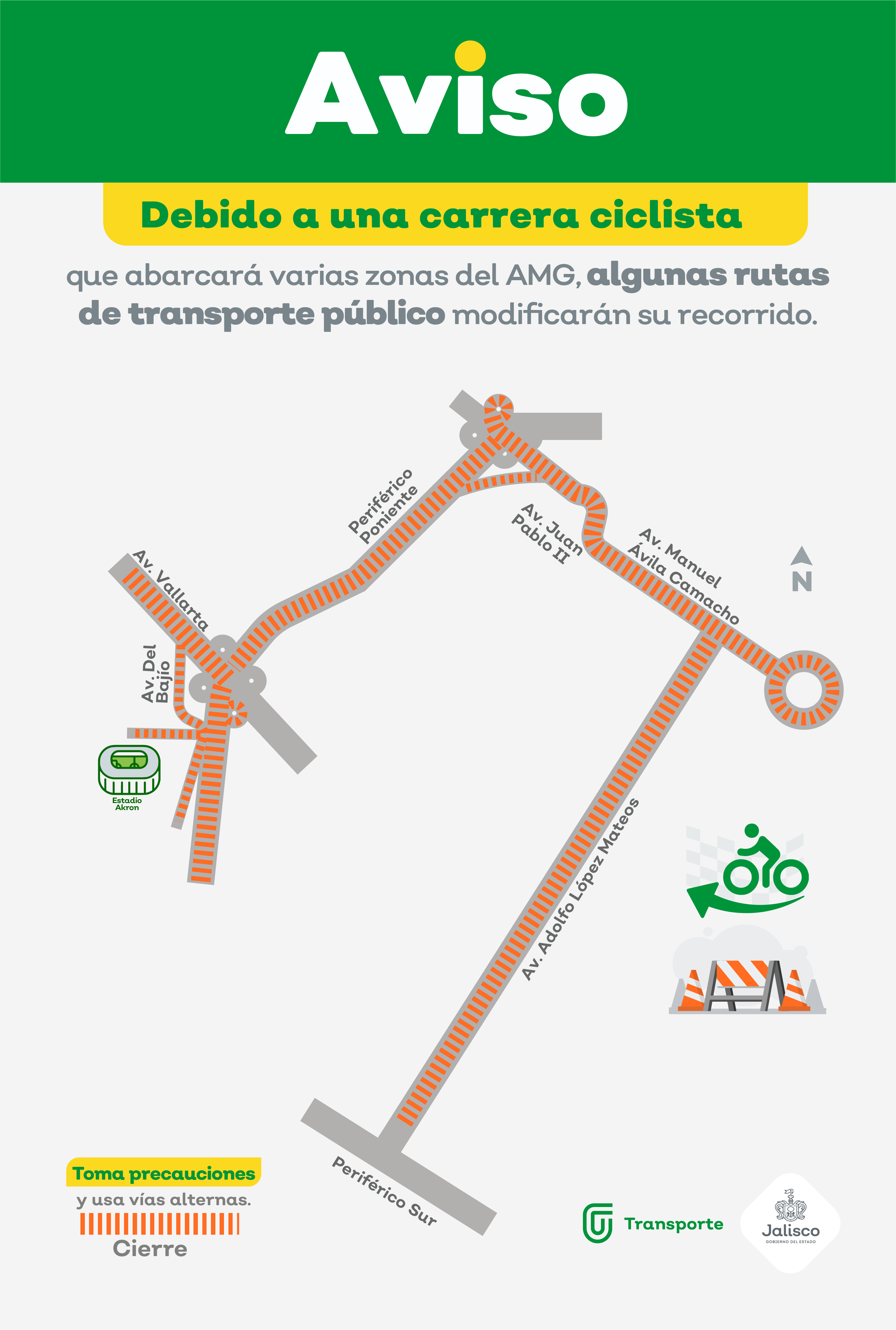 Rutas del transporte público modificarán su derrotero por una carrera ciclista en Zapopan y Guadalajara