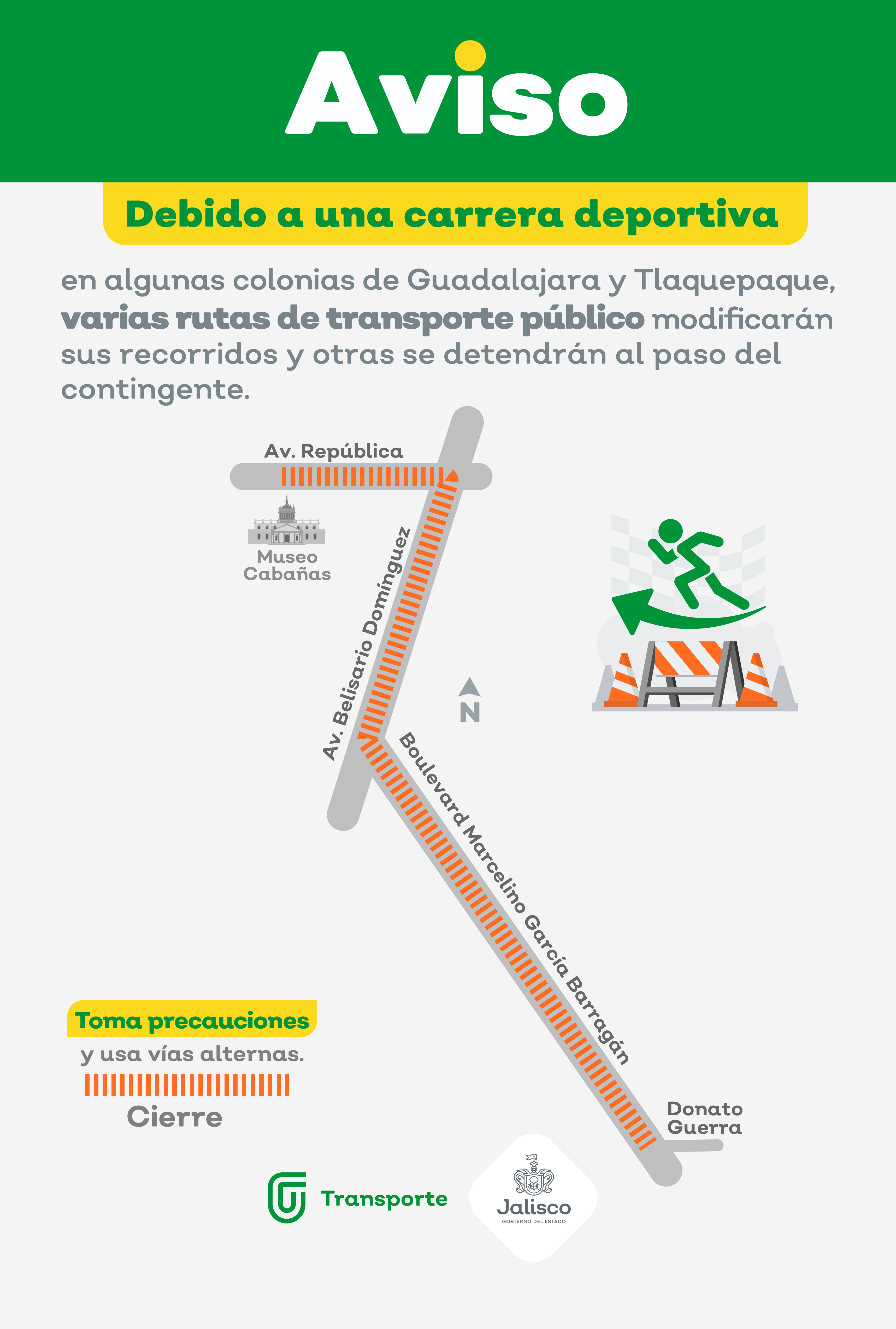 Con motivo de dos carreras atléticas en los municipios de Guadalajara y Tlaquepaque, varias rutas del transporte público detendrán su recorrido y otras lo desviarán