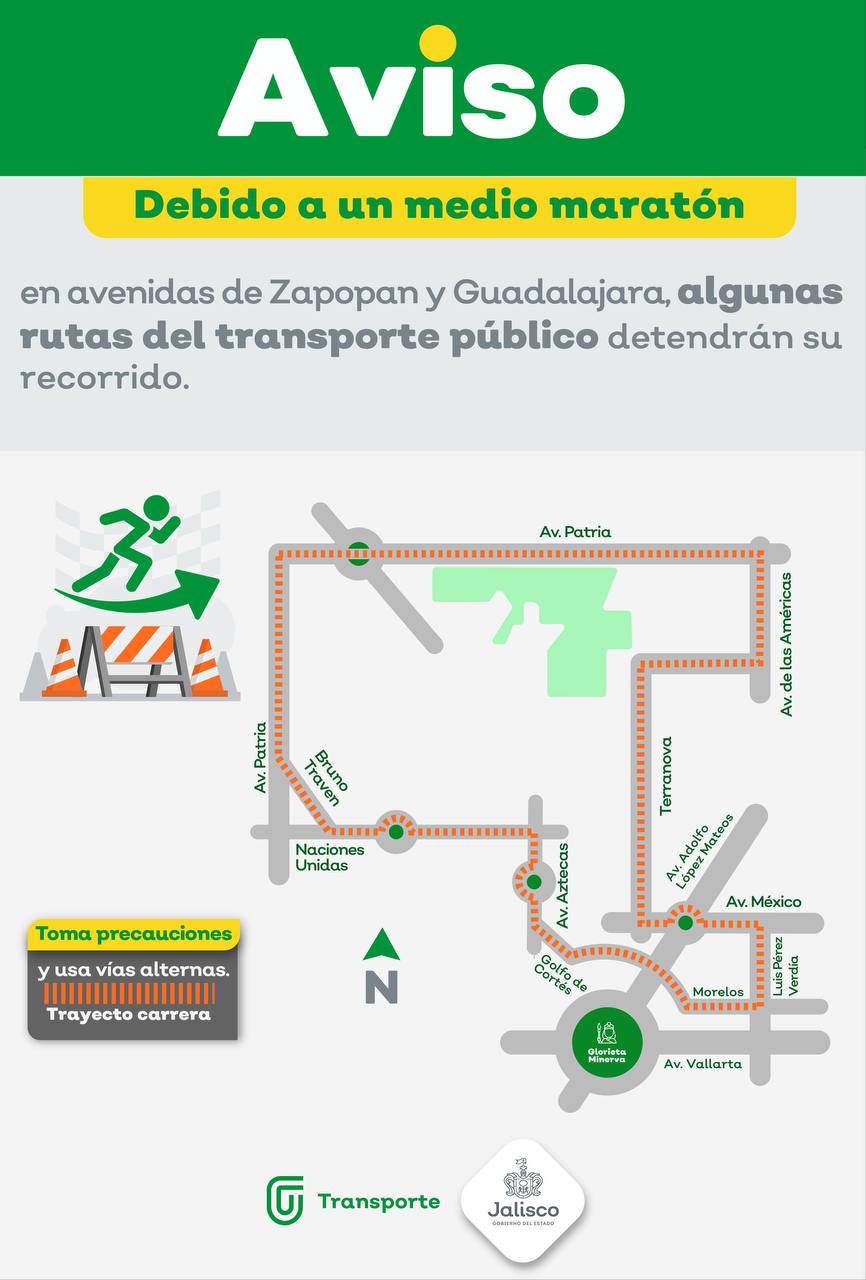 Algunas rutas del transporte público detendrán su derrotero por un medio maratón sobre avenidas de Zapopan y Guadalajara