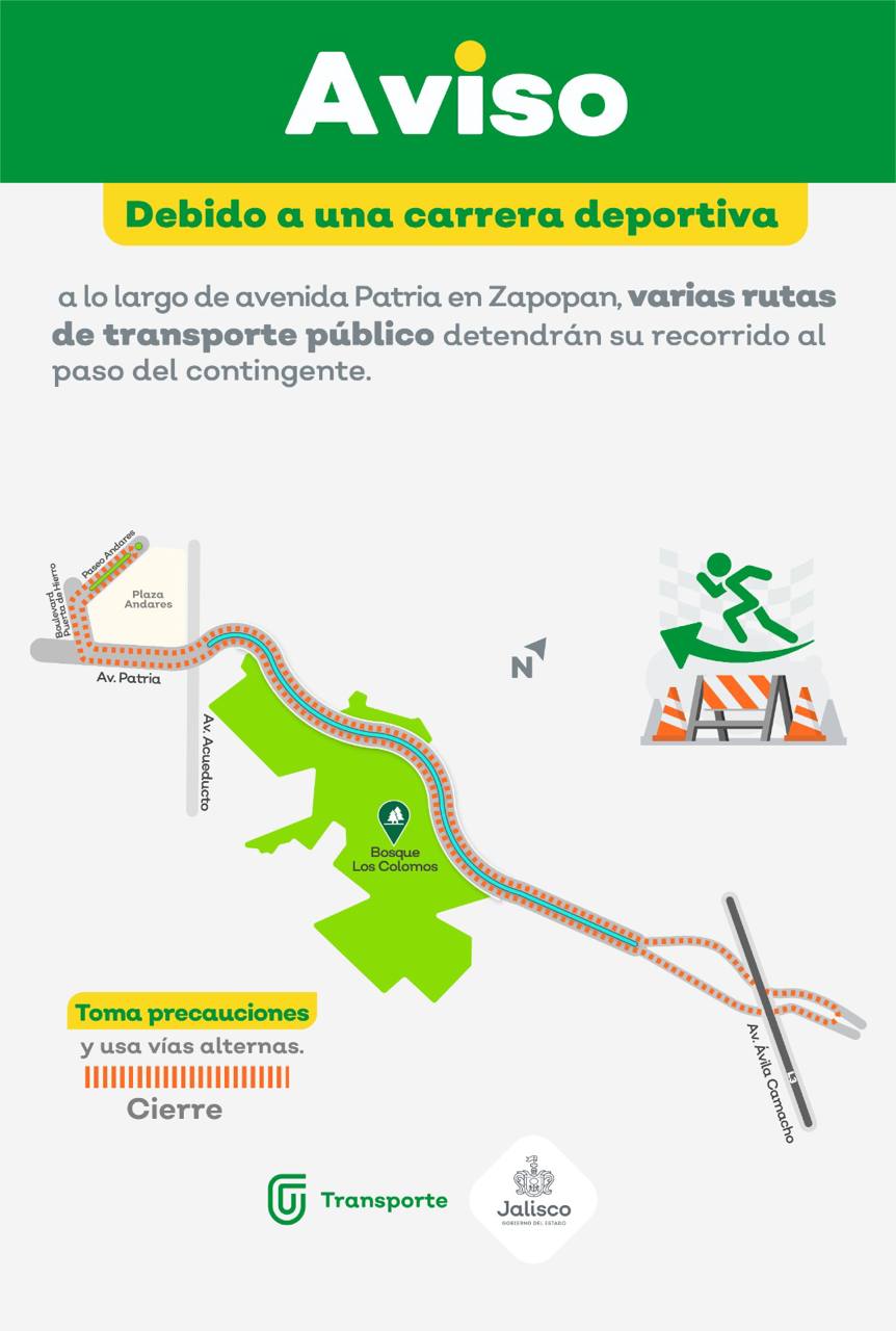 Debido a dos carreras en Zapopan y Guadalajara, el domingo 24 de septiembre algunas rutas detendrán su recorrido