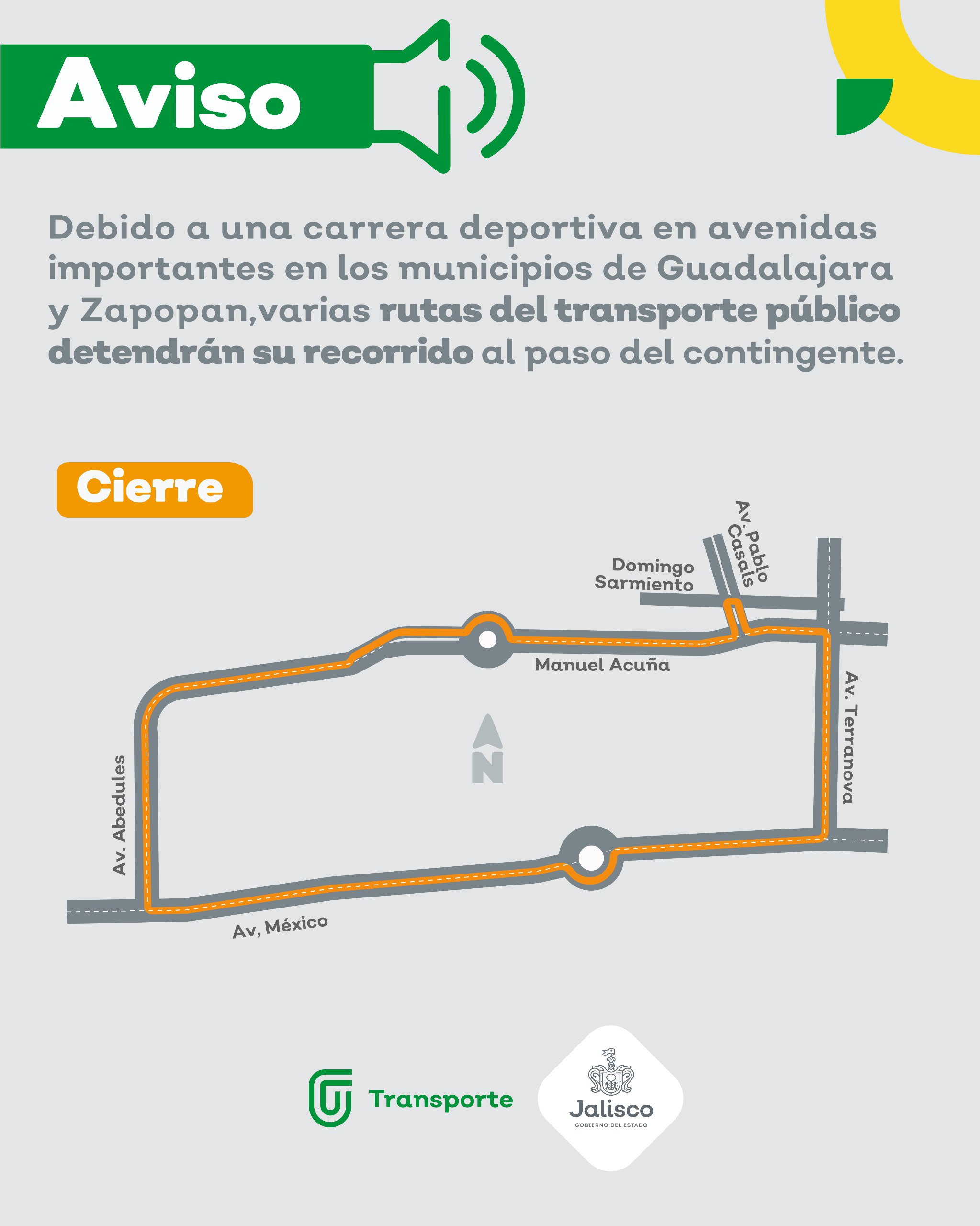 Por una carrera deportiva en avenidas importantes de los municipios de Guadalajara y Zapopan, varias rutas detendrán momentáneamente su derrotero
